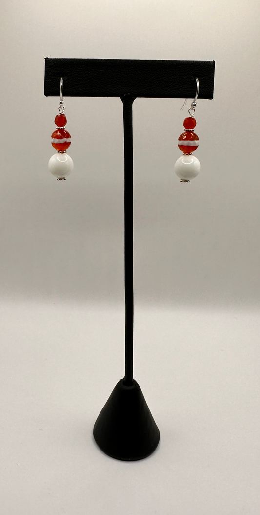 Carnelian Stone with White Jade Stone Bead Earrings