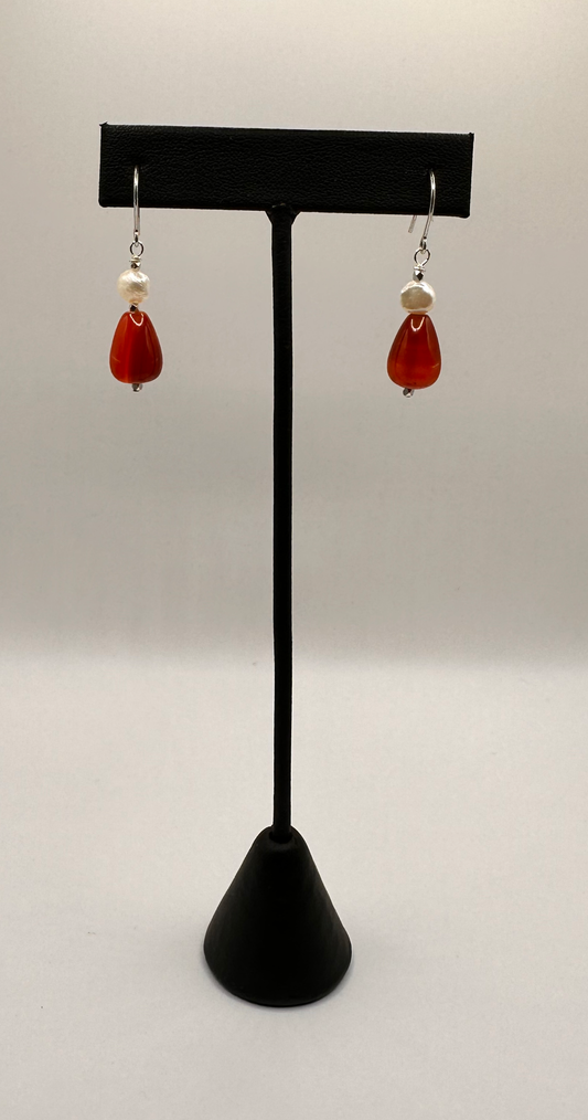 Carnelian Stone Teardrop with Freshwater Pearl Earrings