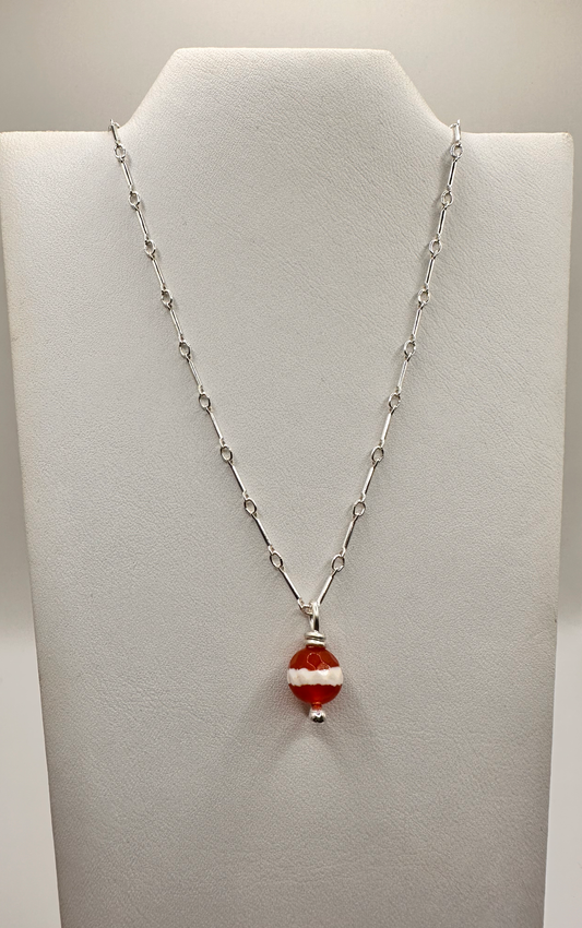 Carnelian Striped Minimalist Bead  with Sterling Silver Chain Necklace