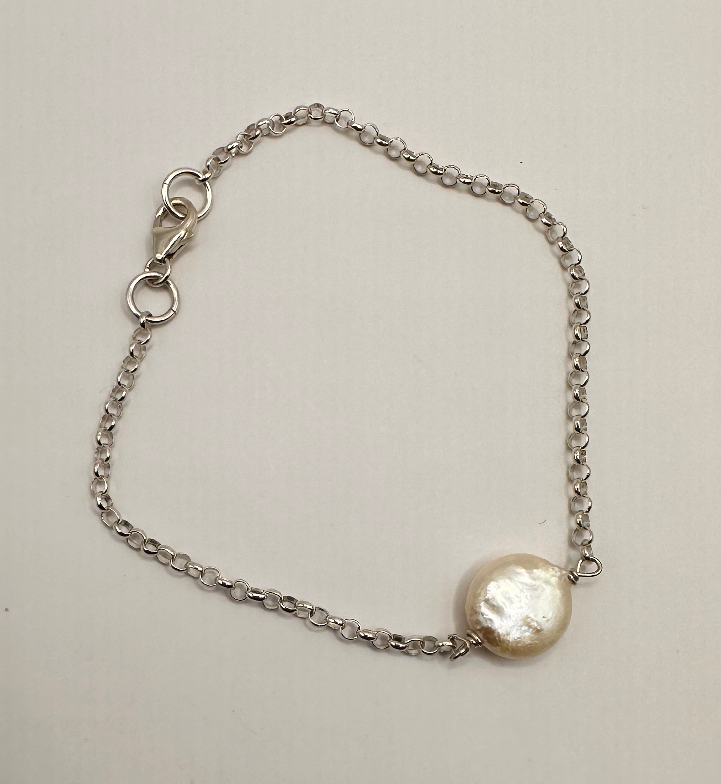 Freshwater Coin Pearl with Sterling Silver Chain Bracelet