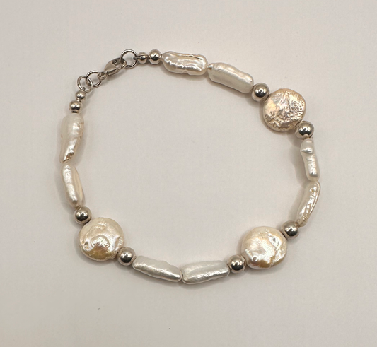 Freshwater Coin and Rice Pearls with Sterling Silver Bracelet