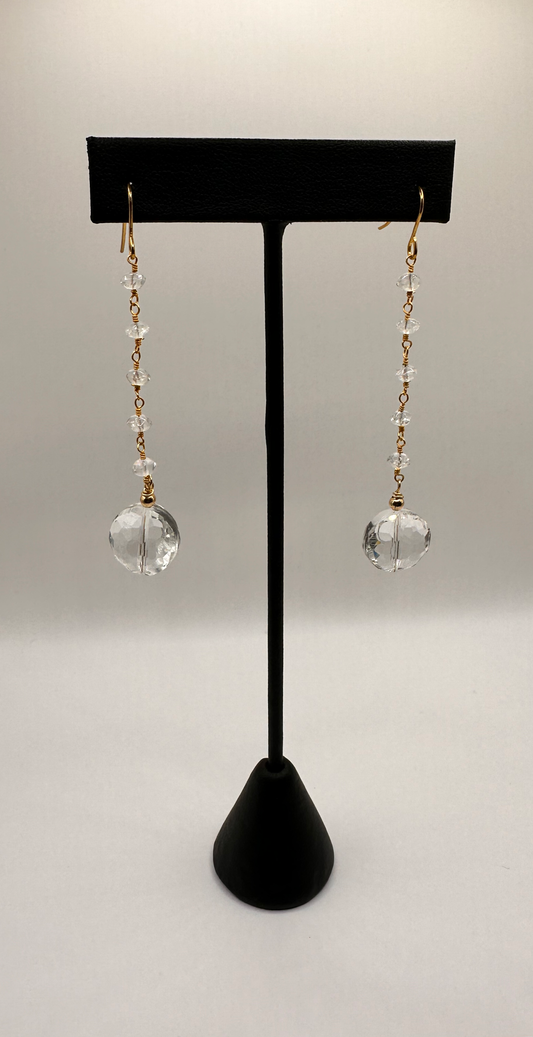 Crystal  Clear Quartz Ball and Goldtone Chain Earrings