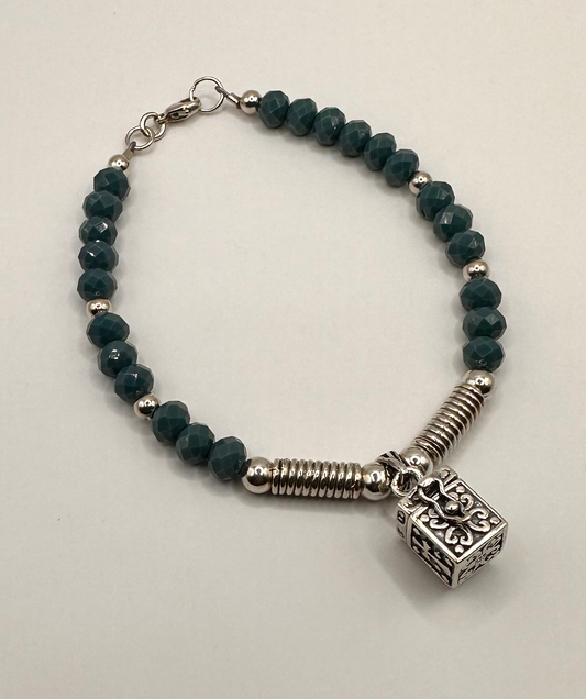Blue Czech Glass Bead with Sterling Silver Prayer Box Bracelet