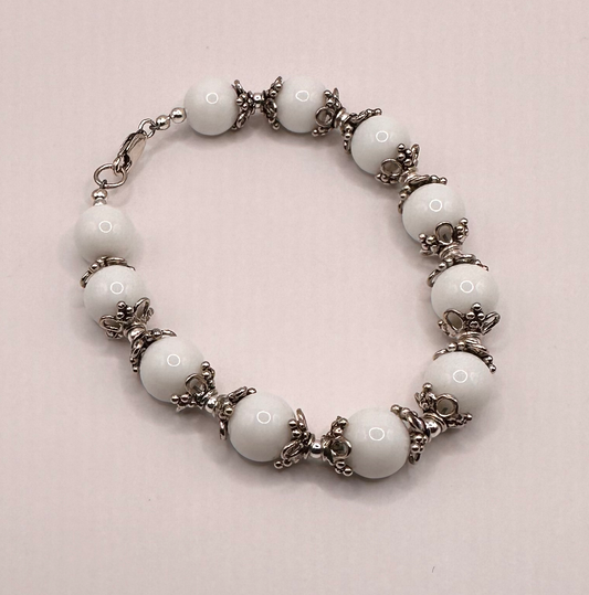 White Jade Bead with Victorian Style Sterling Silver Bead Bracelet