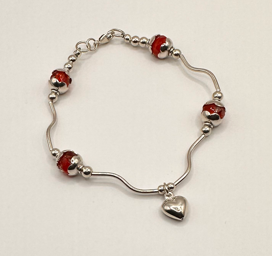 Red Czech Glass with Sterling Silver Heart Bead Bracelet