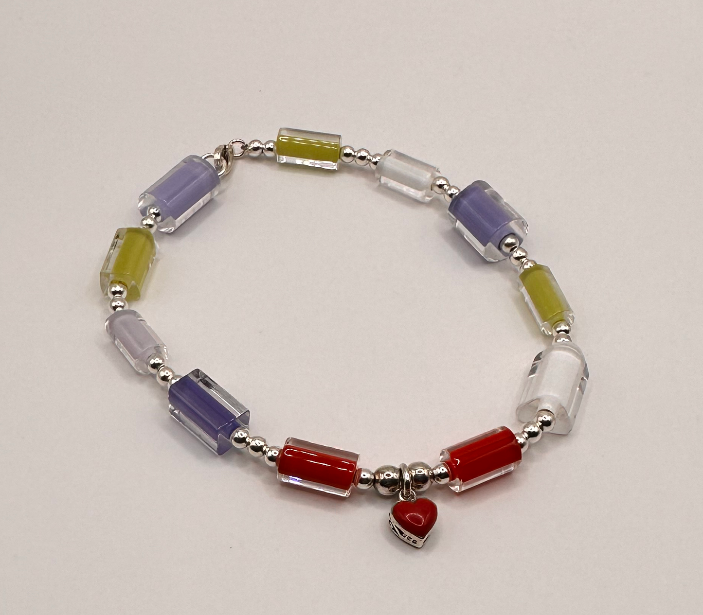 Multi Color Cane Glass with Heart Charm Bracelet