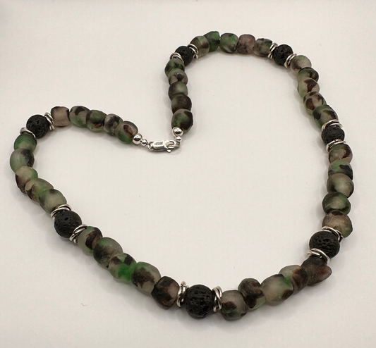 Multi Color Recycle Glass Bead with Sterling Silver Accent Bead Necklace