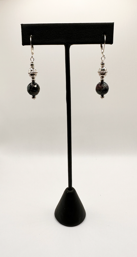 Dark Green Tourmaline Stone with Sterling Silver Accent Bead Dangle Earrings