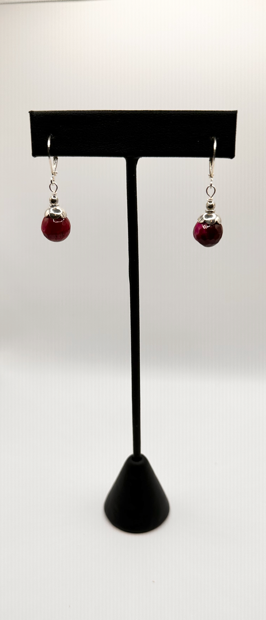 Red Tourmaline Stone Drop with Sterling Silver Accent Bead Earrings