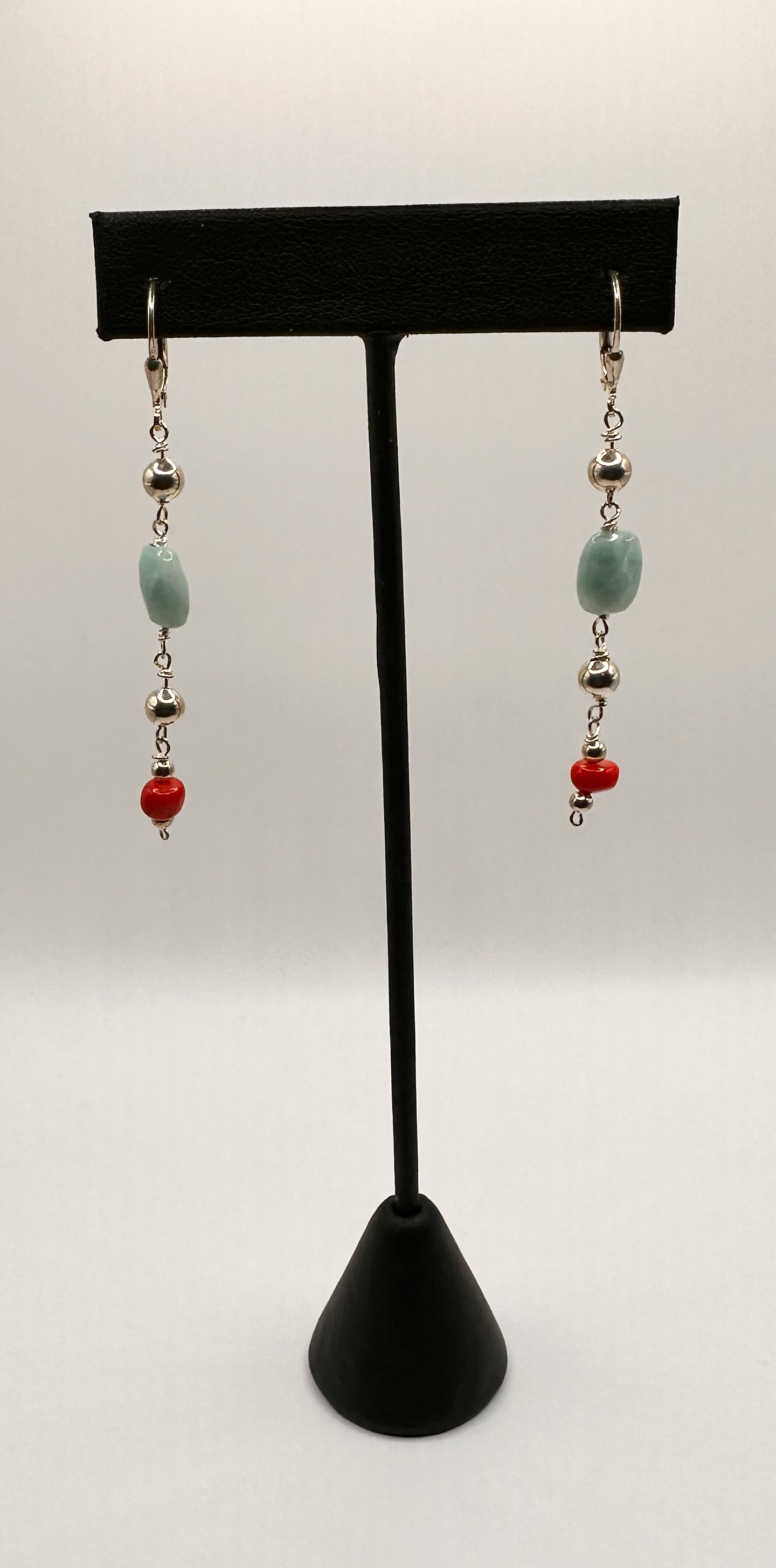 Amazonite and Coral Bead with Sterling Silver Earrings