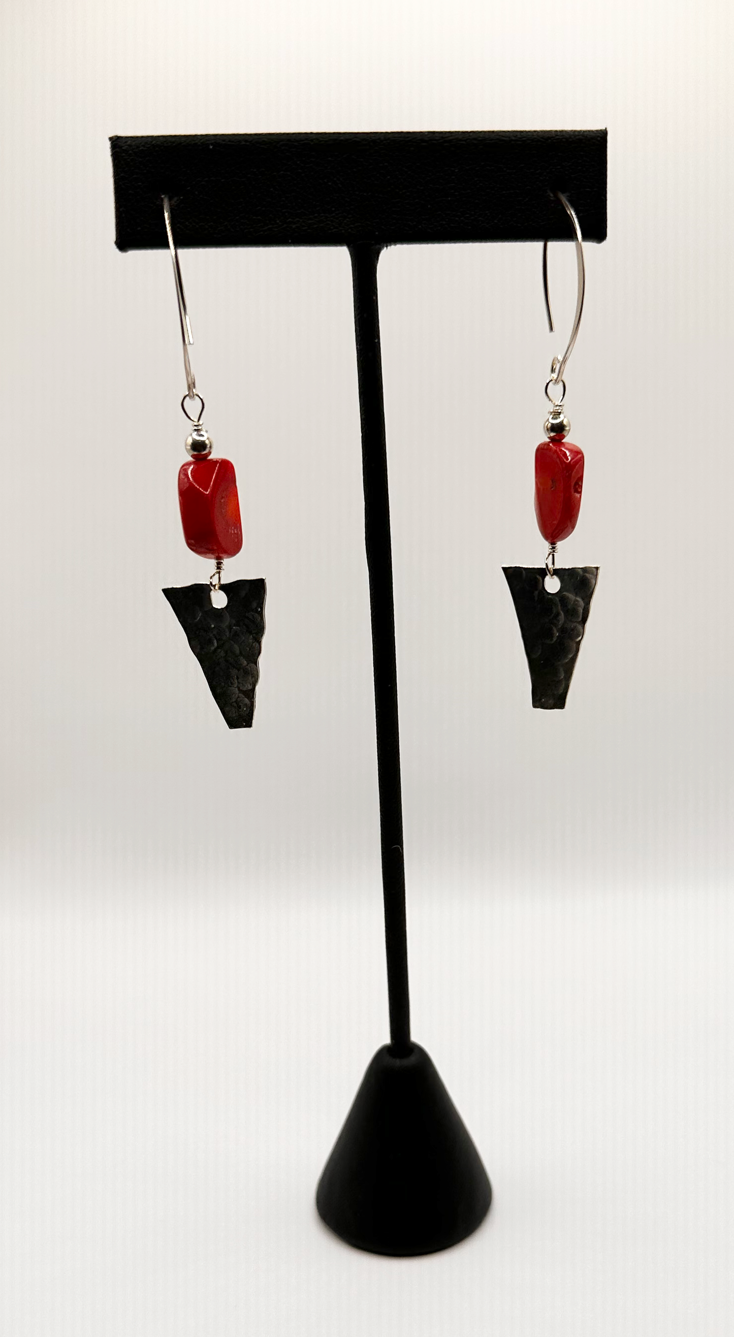 Red Coral and Hammered Sterling Silver Earrings