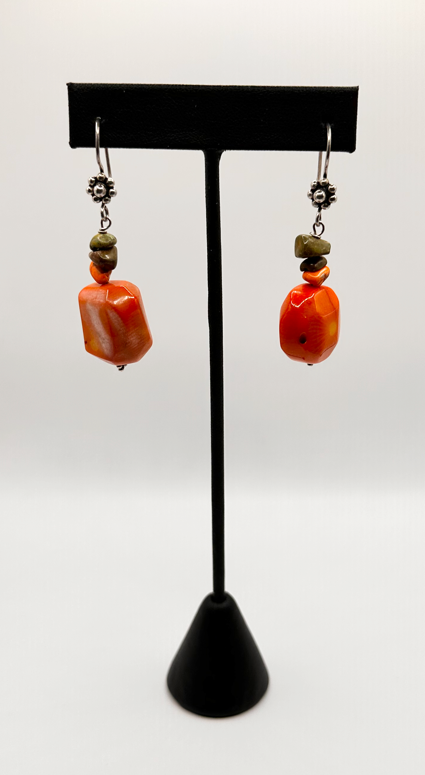 BOHO Style Orange Coral Bead Earrings with Sterling Silver Accents