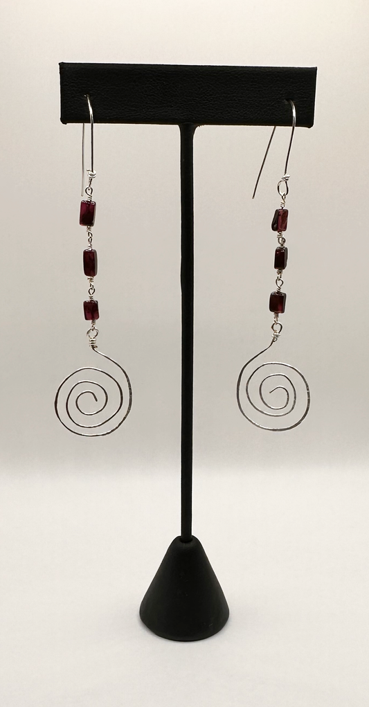 Sterling Silver Spiral with Garnet Bead Earrings