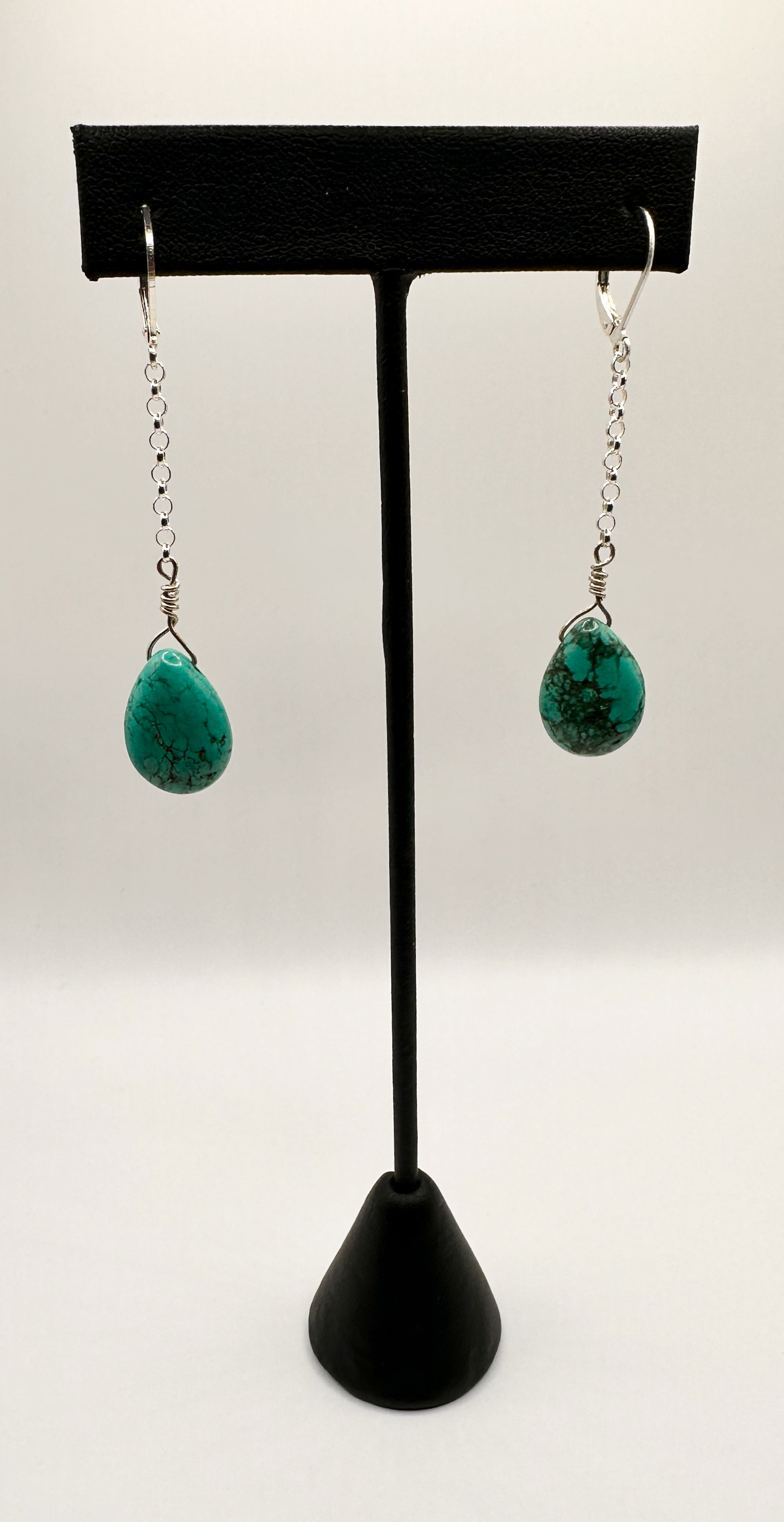 Pear Shaped Turquoise Drop Bead with Sterling Silver Chain Earrings