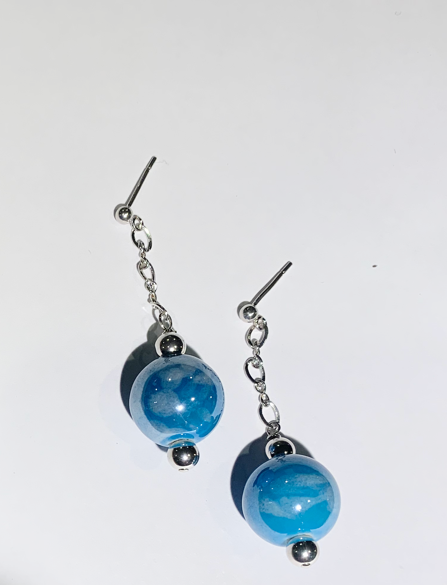 Opalized Blue Ceramic Bead with Sterling Silver Chain Earrings