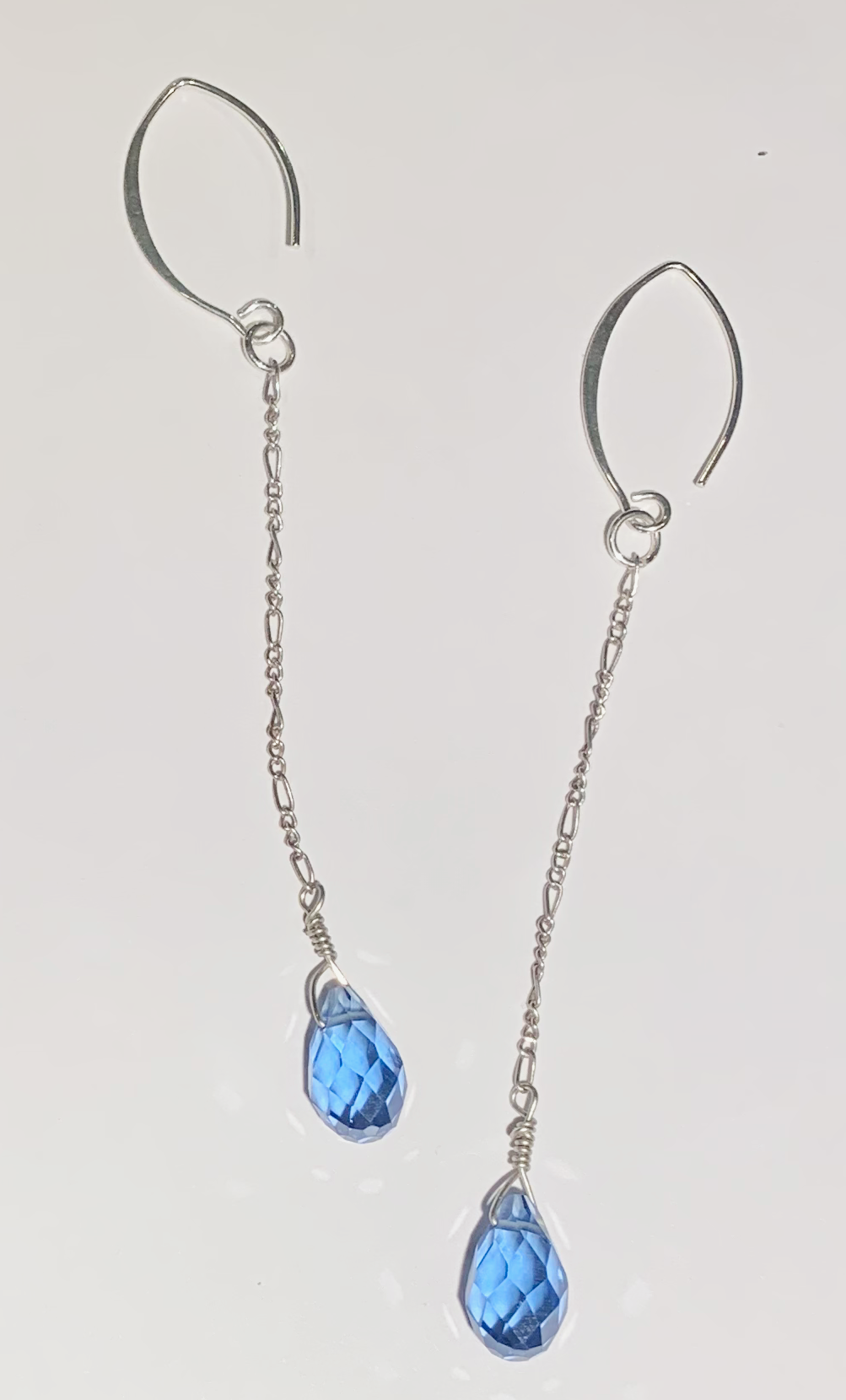Aqua Crystal Faceted Briolette with Sterling Silver Chain Earrings