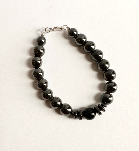 Hematite Beads with an Onyx Focal Bead Bracelet