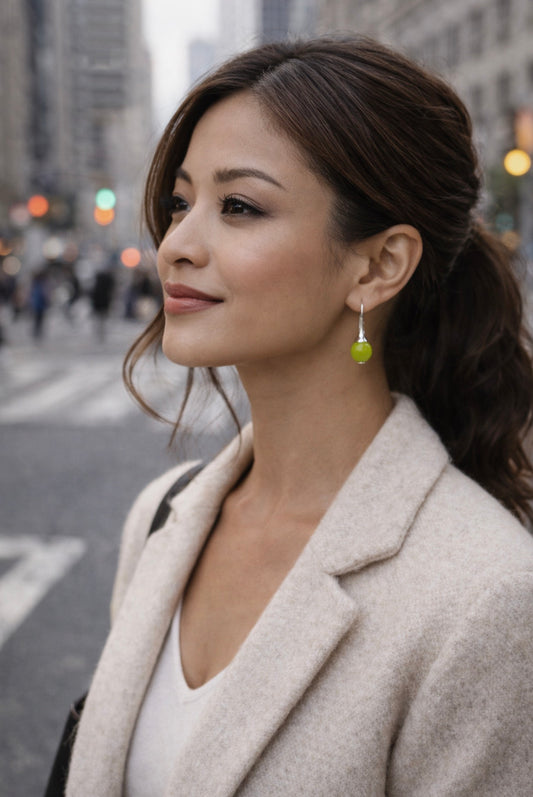 Green Jade Stone Faceted Bead with Sterling Silver Earwires