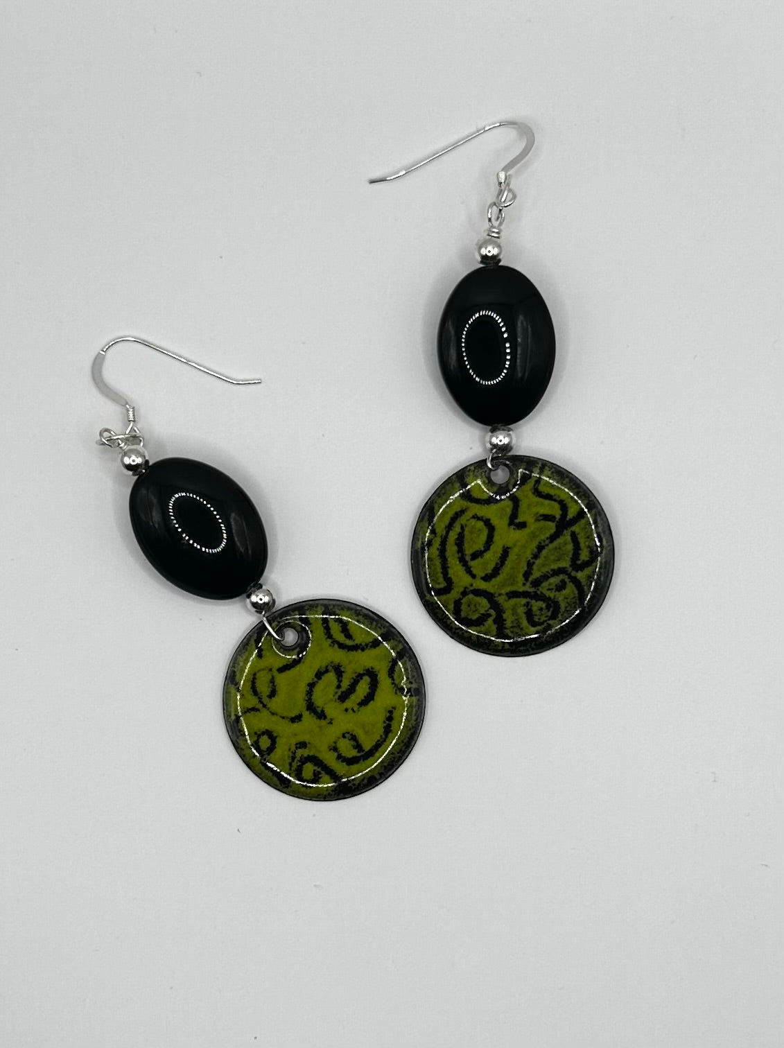Green and Black Patterned Enamel Earrings