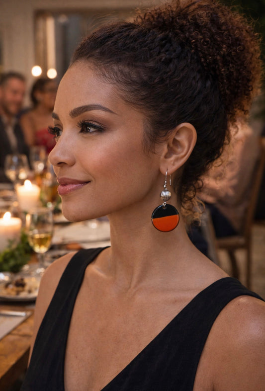Two Tone Orange and Black Enamel Earrings