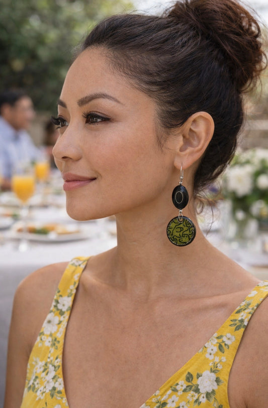 Green and Black Patterned Enamel Earrings